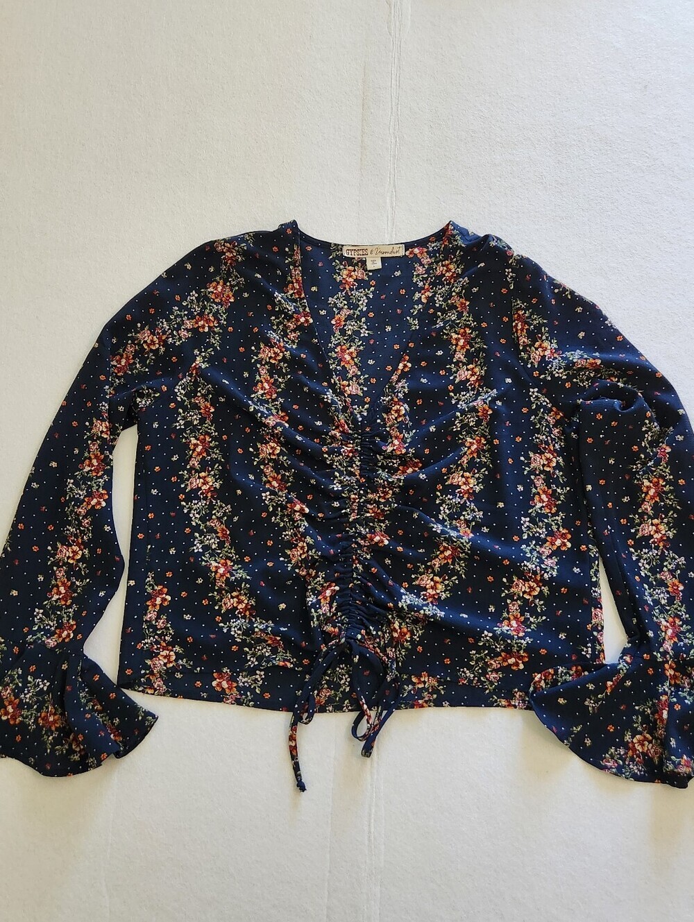 Gypsies & Moondust Navy Floral Ruched Drawstring Blouse Flared Cuff Size Large